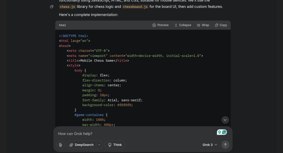Grok prompt for creating games