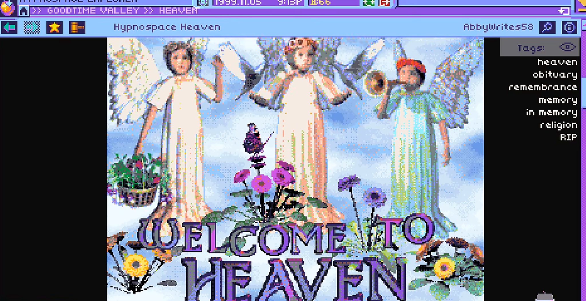 Hypnospace Outlaw memorial webpage titled "Welcome to Heaven" with angel illustrations, circa 1999.