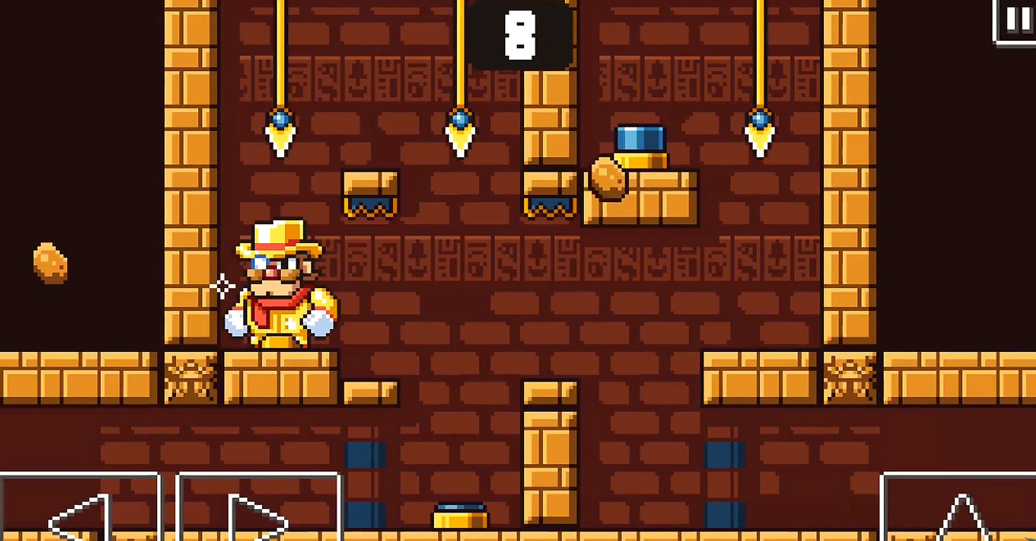 Duke Dashington mobile pixel platformer set in an Egyptian temple with spike traps and an 8-second countdown.
