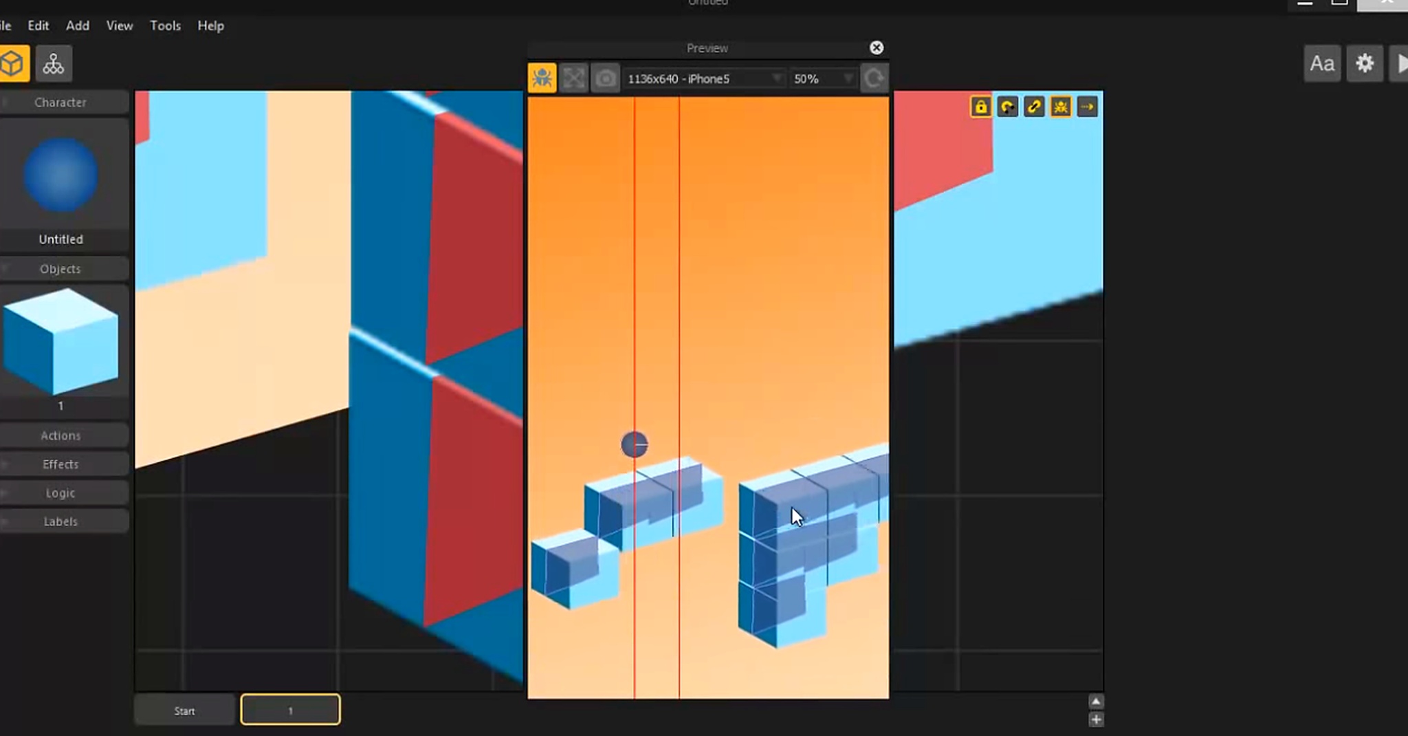 Ball Jump engine editor previewing an isometric puzzle with blue block pieces on an orange background.