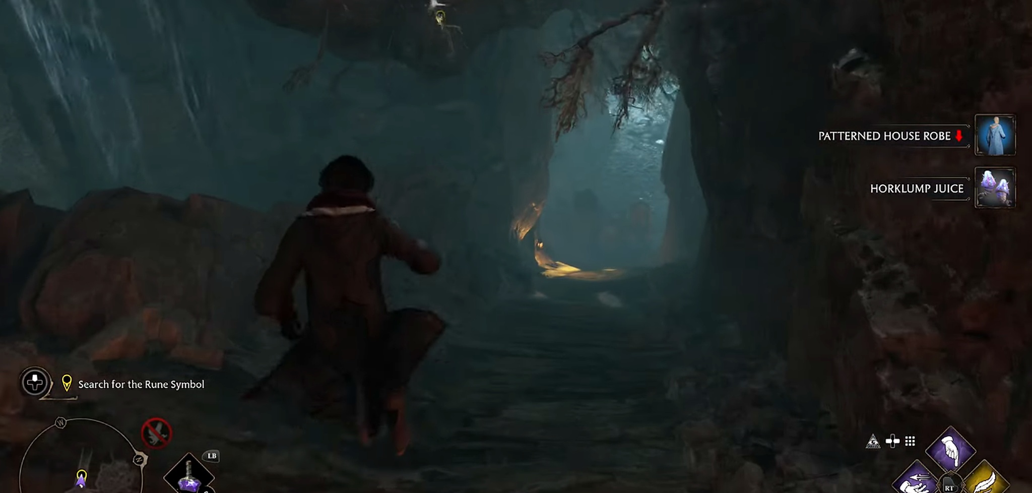 Hogwarts Legacy cave exploration with a quest HUD reading "Search for the Rune Symbol."