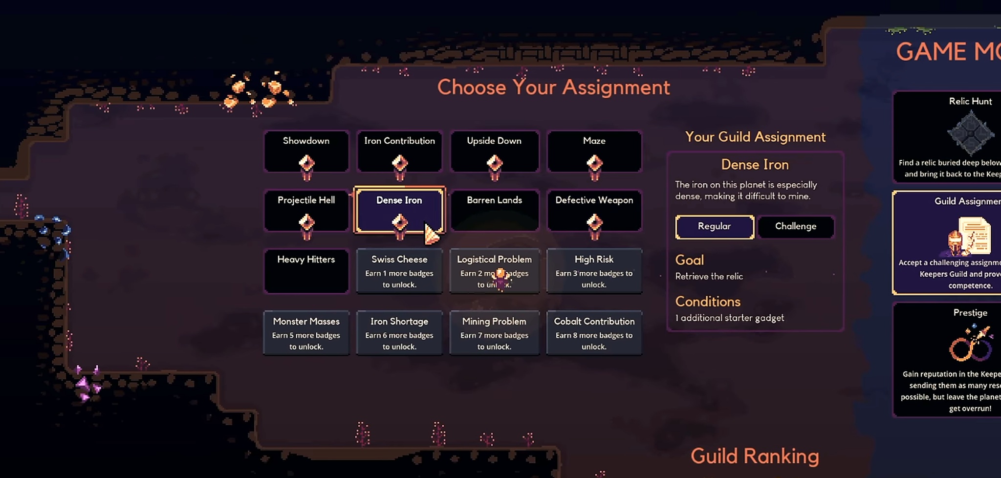 Dome Keeper's assignment selection screen with the "Dense Iron" mission highlighted and a details panel open.