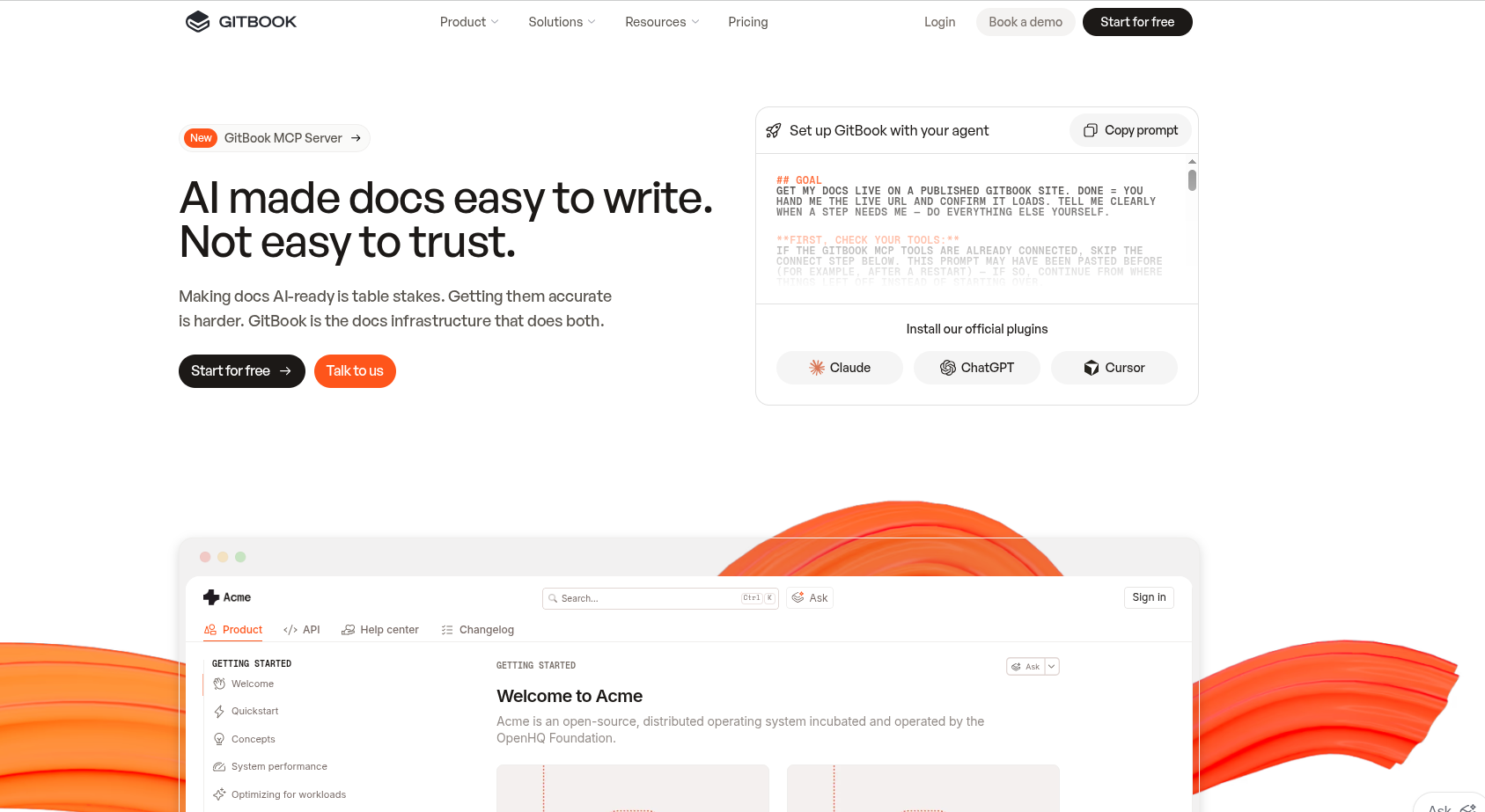 GitBook homepage showing "AI made docs easy to write" hero with MCP server setup and sample documentation site.