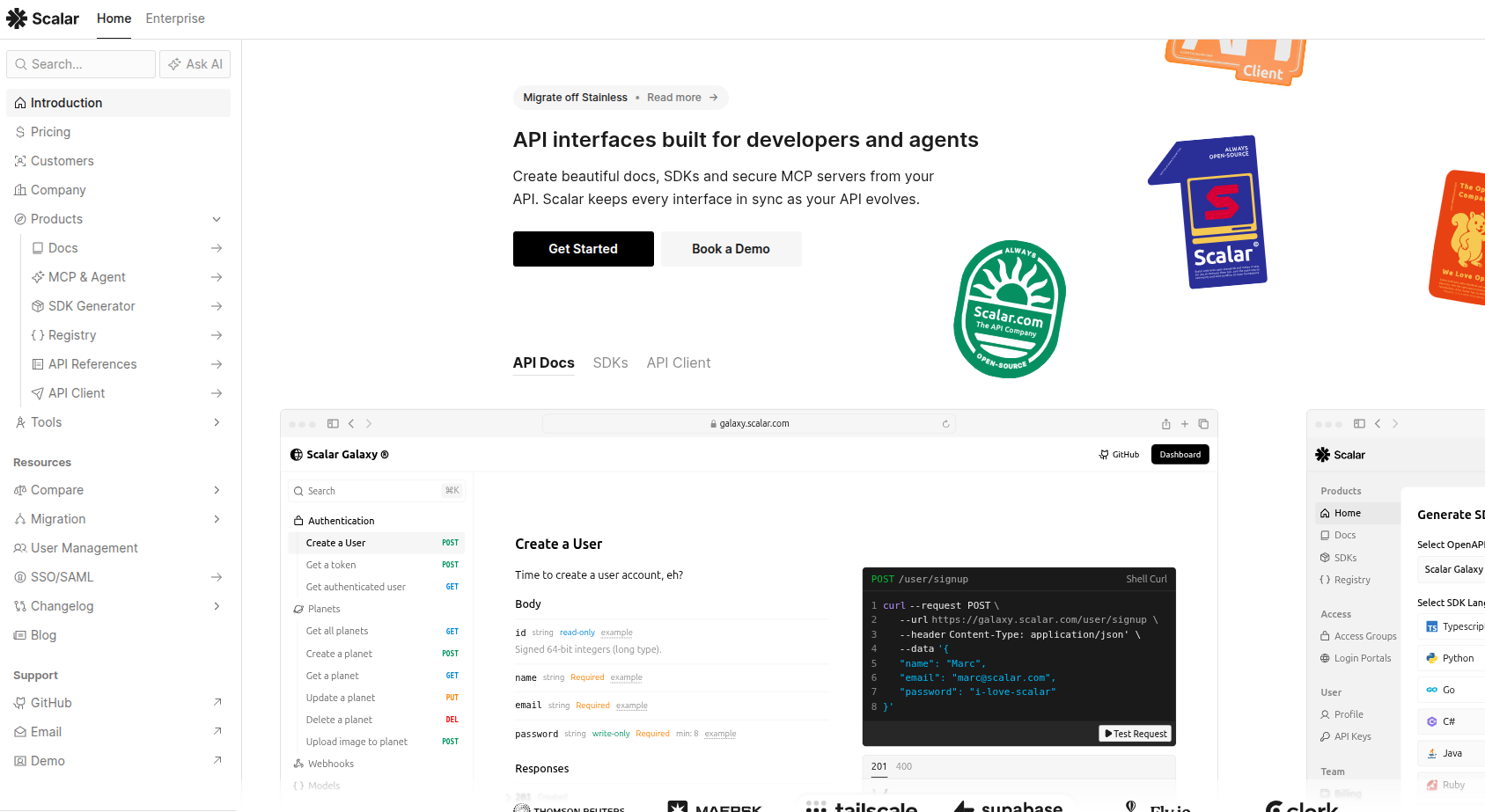 Scalar homepage showing "API interfaces built for developers and agents" with interactive API docs and SDK generator panel.