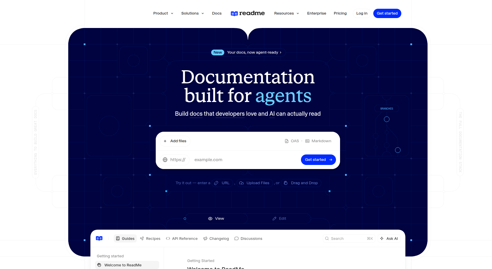 ReadMe homepage showing "Documentation built for agents" hero with file upload interface and sample docs site.