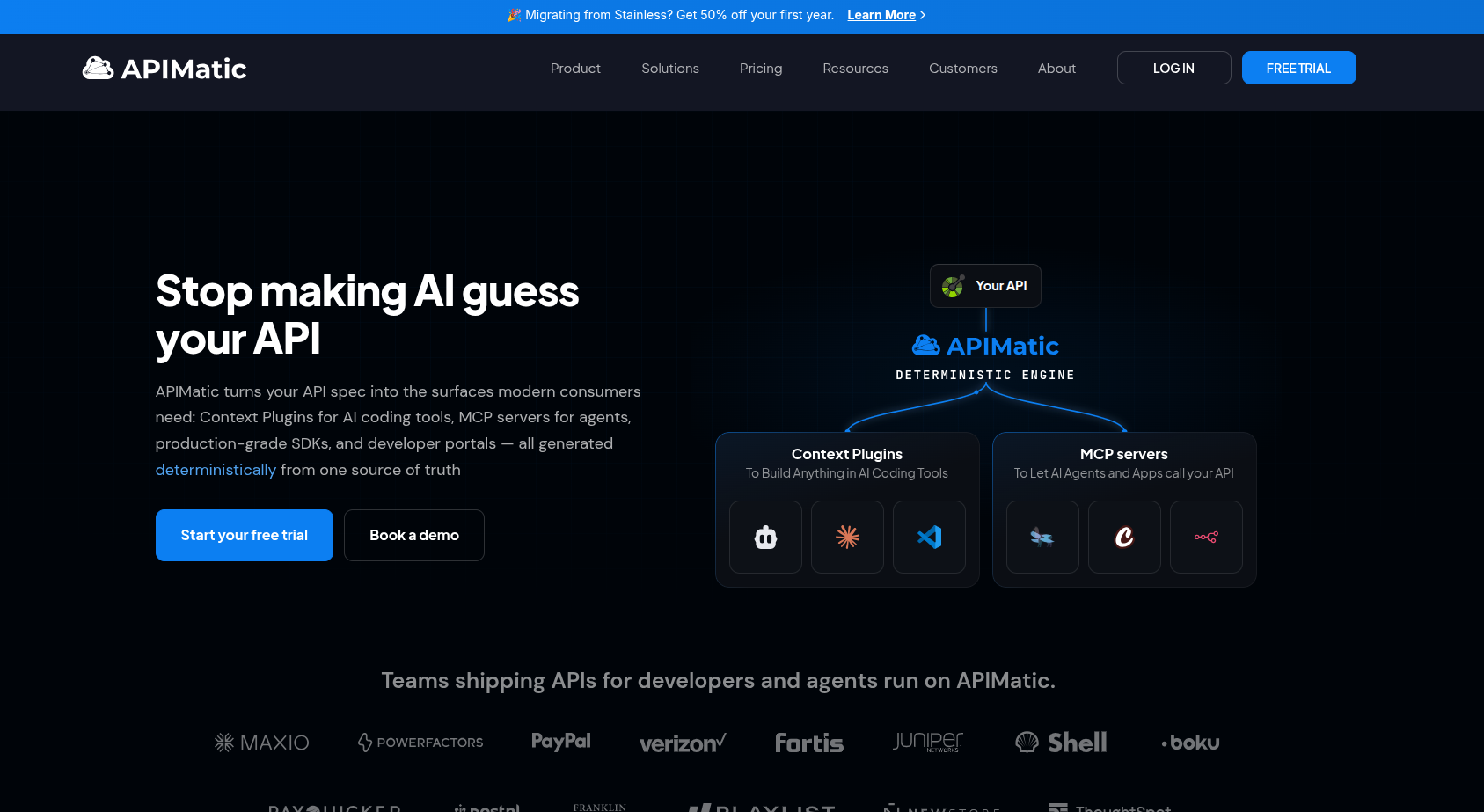 APIMatic homepage showing "Stop making AI guess your API" hero with Context Plugins and MCP servers diagram.
