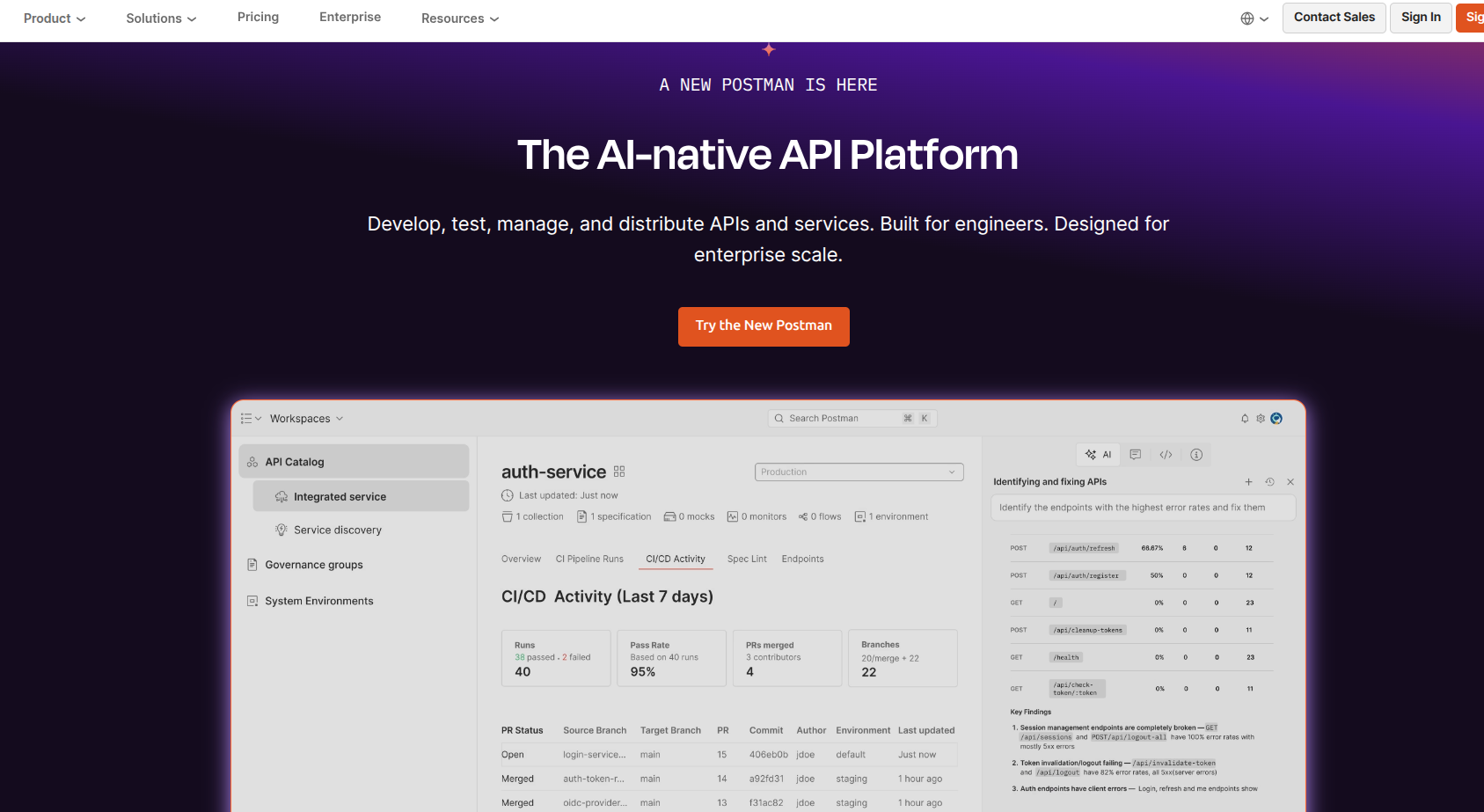 Postman homepage showing "The AI-native API Platform" hero with auth-service workspace dashboard and CI/CD activity.