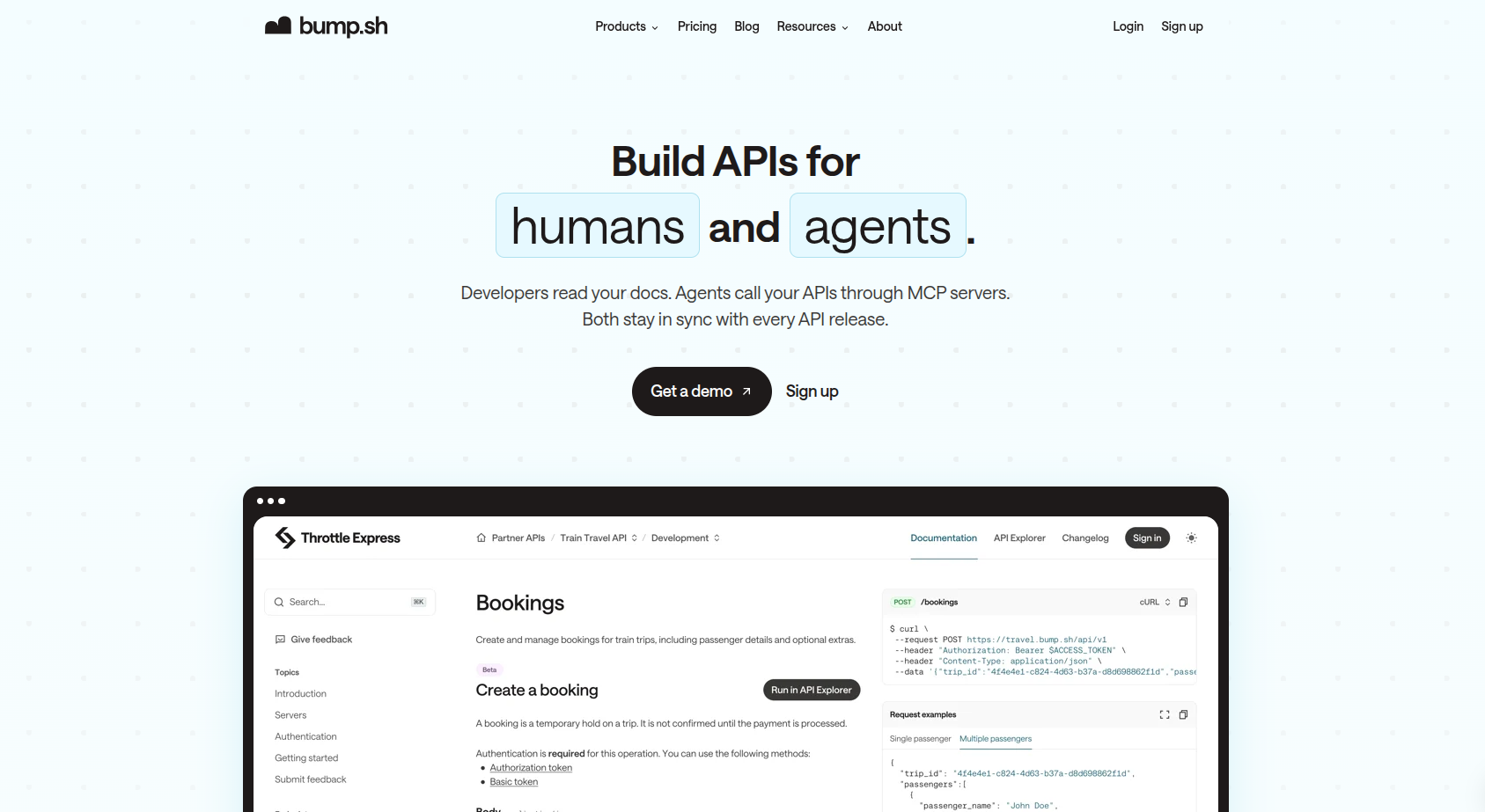 Bump.sh homepage showing "Build APIs for humans and agents" hero with sample API documentation page.