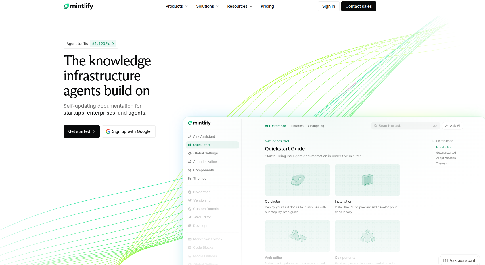 Mintlify homepage showing "The knowledge infrastructure agents build on" hero and API reference documentation interface with sidebar navigation.