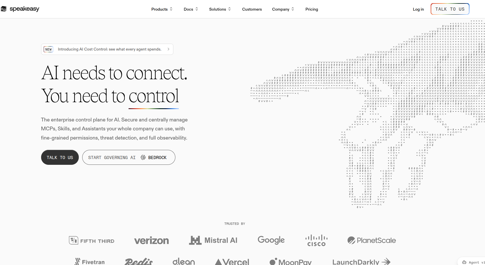 Speakeasy homepage showing "AI needs to connect. You need to control" hero with ASCII-art moose graphic and enterprise customer logos.