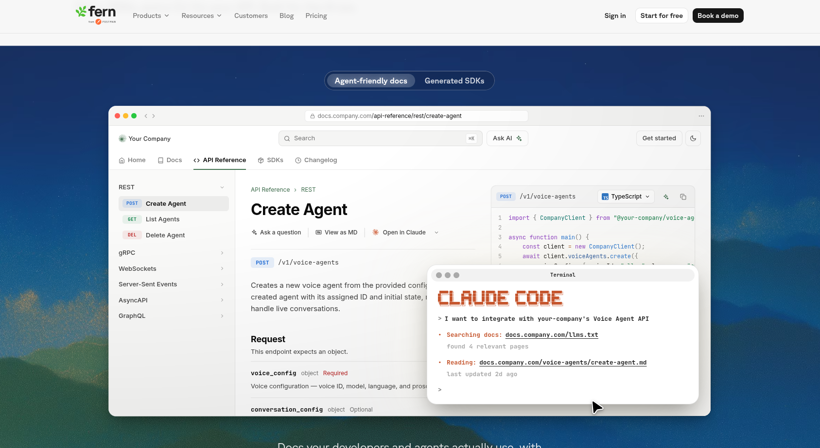 Fern homepage showing API reference documentation page with Claude Code terminal integration example.
