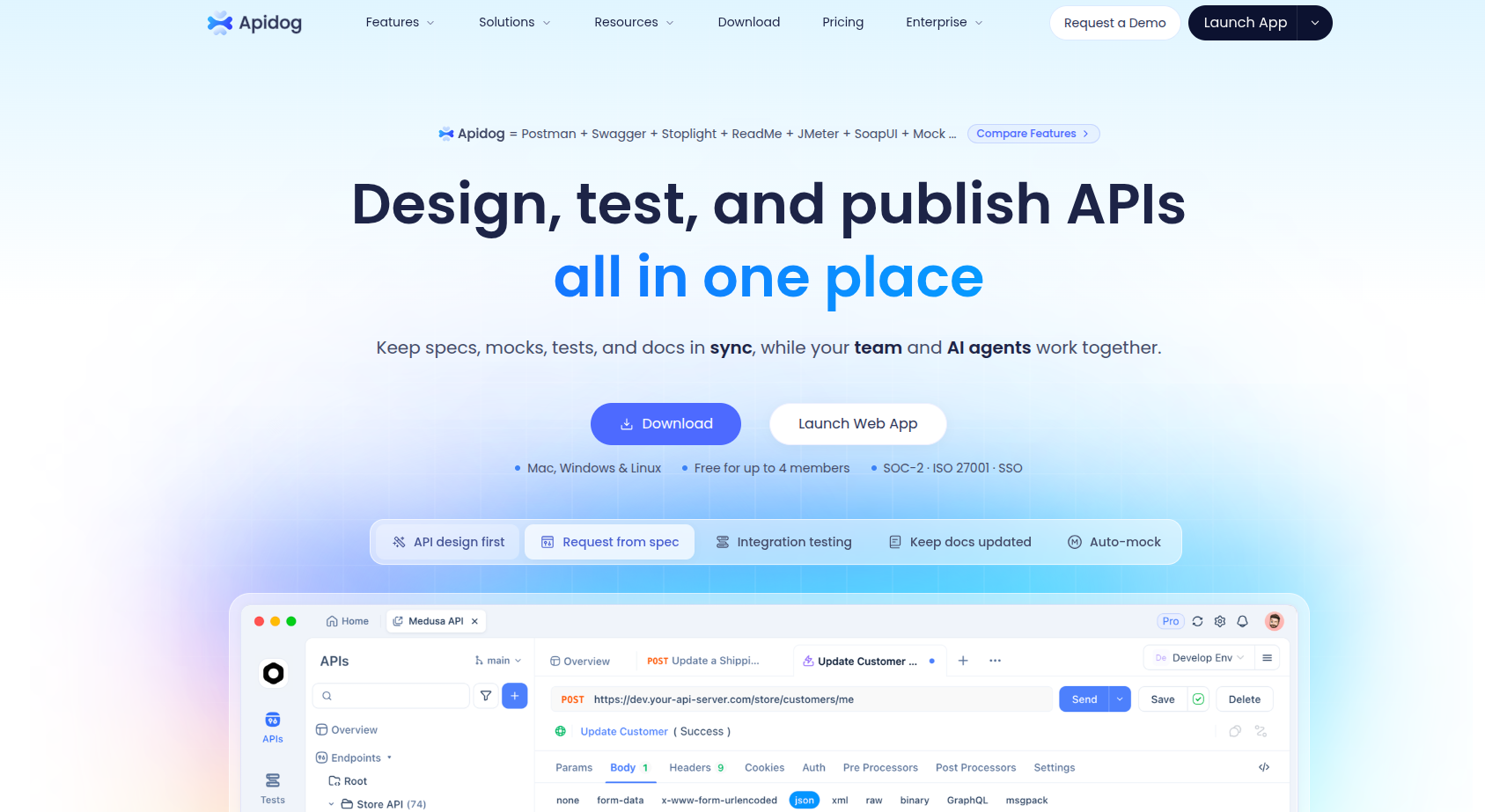 Apidog homepage showing "Design, test, and publish APIs all in one place" hero with API request builder interface.