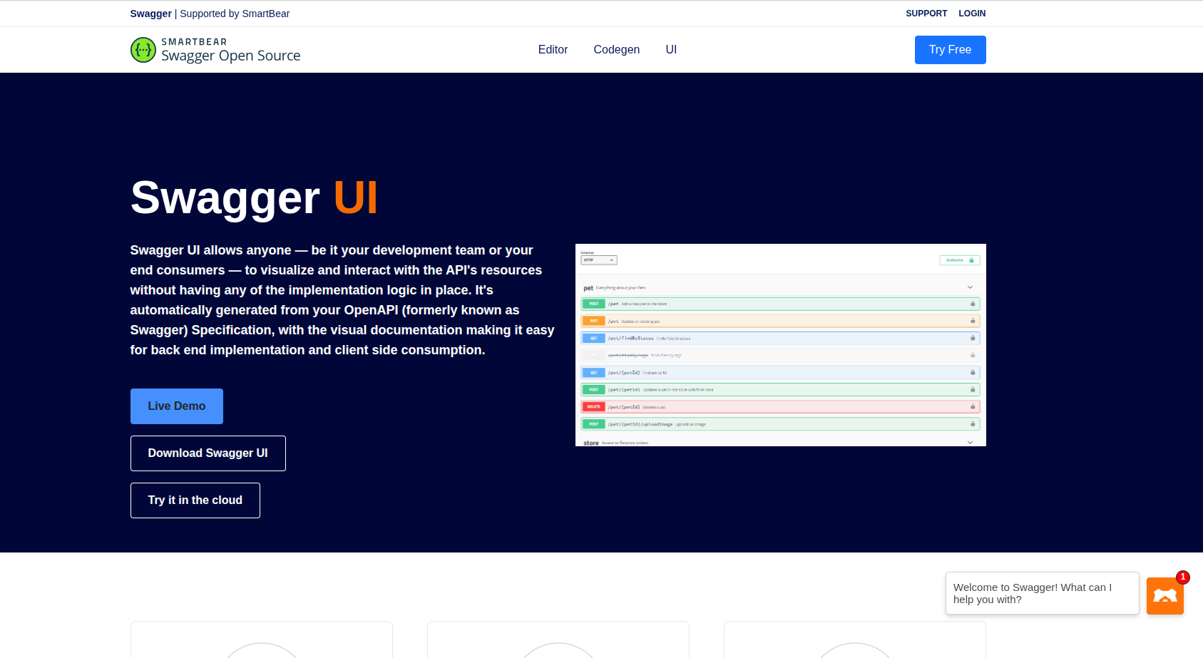 Swagger UI homepage by SmartBear showing interactive Pet Store API documentation example.