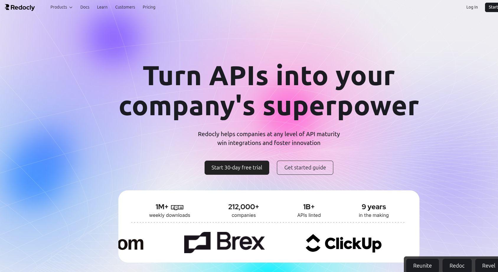 Redocly homepage showing "Turn APIs into your company's superpower" hero with usage stats and customer logos.