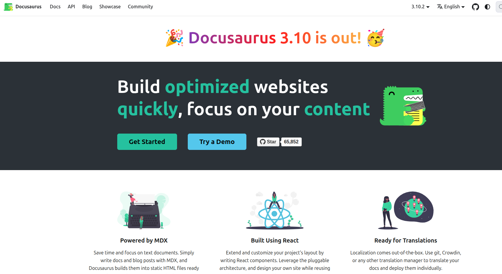 Docusaurus homepage showing "Build optimized websites quickly" hero with feature highlights for MDX, React, and translations.